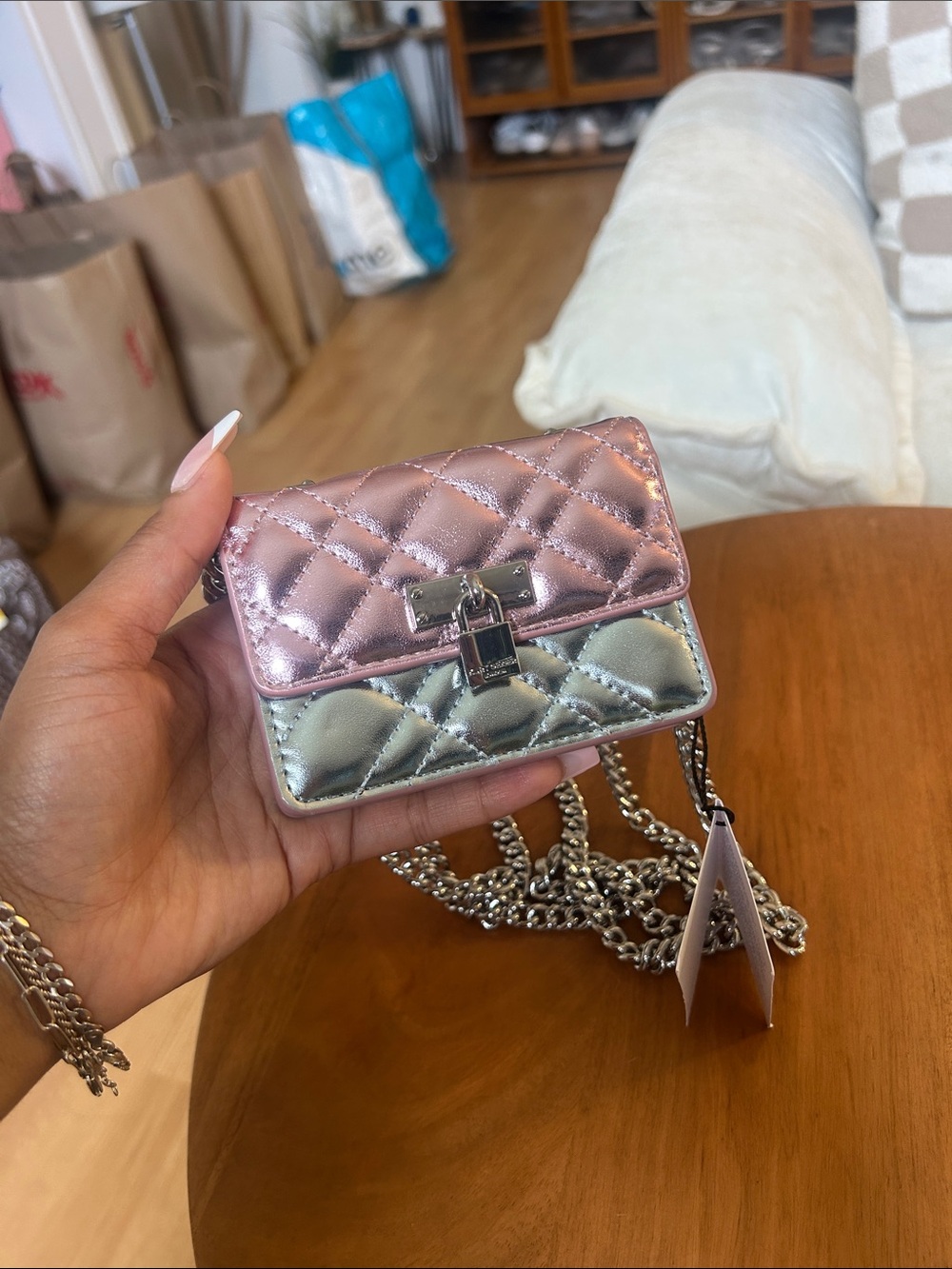 Kurt Geiger Pink and Blue Metalic Quilted Mini Crossbody with Chain - Picture 3 of 6